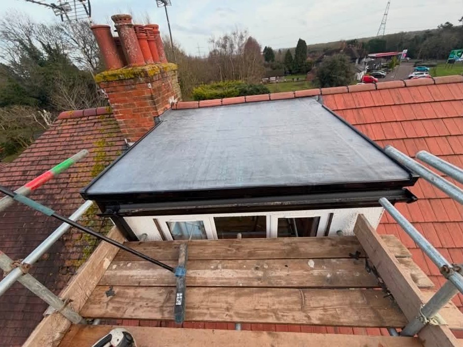 EPDM rubber flat roof fitted to a dormer extension, fully weatherproofed by Matt Merry Roofing, Leicestershire